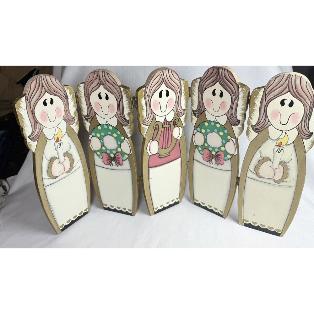 Vintage Holiday Christmas Angels Wooden Mini Screen Folding Panel 1995 Carolers